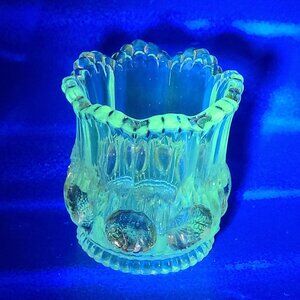 Antique EAPG Lower Manhattan Pattern Toothpick Holder Clear Gold Manganese Glow